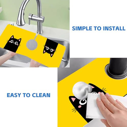 Cute Black Cat Head Kitchen Sink Splash Guard Mat Absorbent Fast Drying Mat Faucet Draining Mat Sink Splash Guard Behind Faucet Drip Catcher for Kitchen Bathroom 5.5"×15" - size: 5.5" x 5.5"