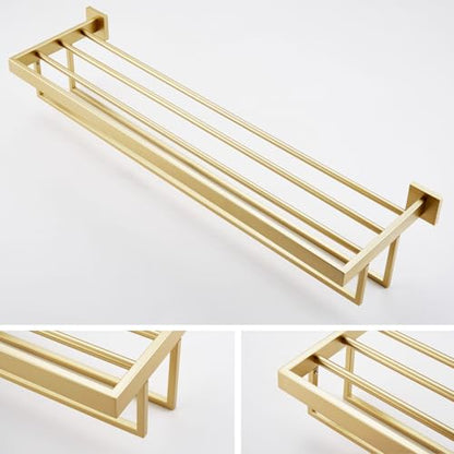 KOKOSIRI 32'' Towel Shelf Holder Bathroom Towel Rack with Two Bath Towel Bars Rails SUS304 Stainless Steel Wall Mount, Brushed Gold B6003BG-L32 - color: Brushed Gold, size: 32-Inch