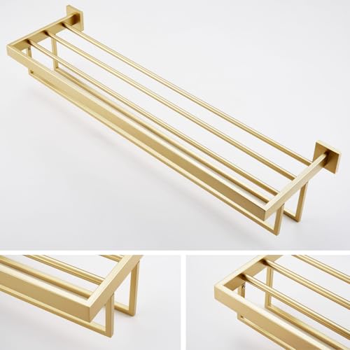 KOKOSIRI 32'' Towel Shelf Holder Bathroom Towel Rack with Two Bath Towel Bars Rails SUS304 Stainless Steel Wall Mount, Brushed Gold B6003BG-L32 - color: Brushed Gold, size: 32-Inch