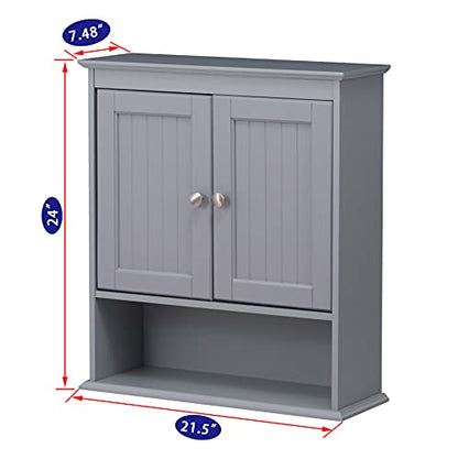 Spirich Bathroom Medicine Cabinet Over Toilet, Wall Mounted Cabinet, Gray | FSC-Certified Engineered Wood, Hidden & Open Storage, Adjustable Shelf, Modern Beadboard Design for Bathroom Kitchen Laundry - color: Grey