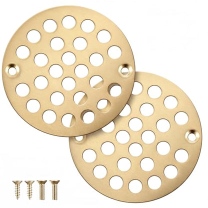 2pcs 4 Inch Round Screw-in Shower Drain Cover Replacement Easy-to-Install Floor Drain Grate with Screws Brushed Nickel(Gold) - color: Gold