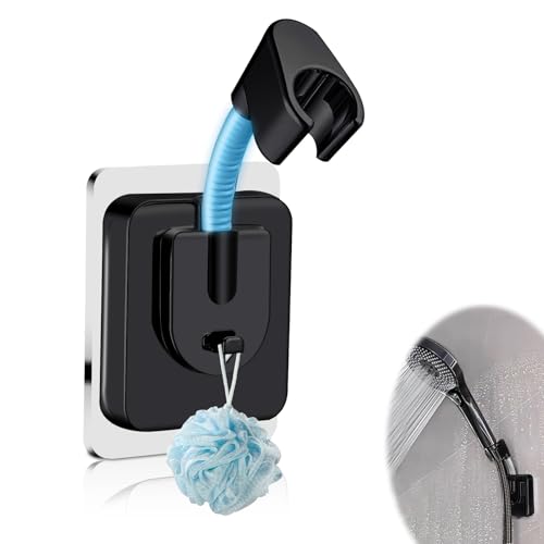 Strong Adhesive Shower Head Holder Adjustable, Black Handheld Shower Holder Wall Mount, Waterproof Bathroom Shower Wand Holder for Hand Held Showerheads, Rv, No Drilling, Ideal for Families & Renters