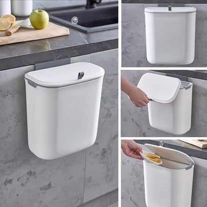 ELPHECO Compost Bin, 2.5 Gallon Hanging Trash Can with Lid, Kitchen Cabinet Door Under Sink Plastic Garbage Can Wall Mounted Slide Open, White