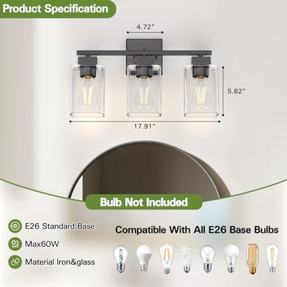 Matte Black Bathroom Vanity Light, 3-Light Vanity Lighting fixtures Over Mirror, Square Design & UL Certification, Wall Sconces with Clear Glass Shades, E26 Socket (Bulbs Not Included) - color: Black, size: 3 Light