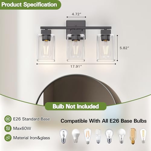 Matte Black Bathroom Vanity Light, 3-Light Vanity Lighting fixtures Over Mirror, Square Design & UL Certification, Wall Sconces with Clear Glass Shades, E26 Socket (Bulbs Not Included) - color: Black, size: 3 Light