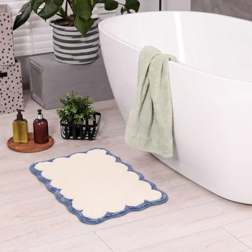 Light Blue Scalloped Bathroom Rugs Small Bath Mat | Coastal Non Slip Washable Quick Dry Absorbent Boho Microfiber Small Bathmat,17*24 Inch - color: Blue&white, size: 17*24"