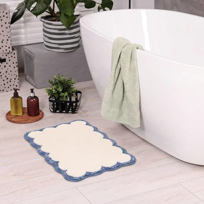 Light Blue Scalloped Bathroom Rugs Small Bath Mat | Coastal Non Slip Washable Quick Dry Absorbent Boho Microfiber Small Bathmat,17*24 Inch - color: Blue&white, size: 17*24"