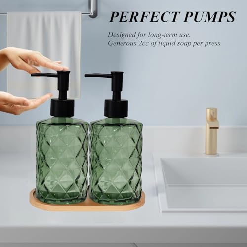 12oz Green Glass Hand and Dish Soap Dispenser Set, Diamond Design, Set of 2 | Bathroom Soap Dispenser with Plastic Pumps, Bamboo Tray for Hand Wash & Dish Wash, for Bathroom Kitchen Countertop - color: Green