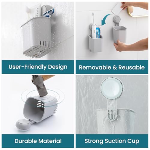 TAILI Suction Cup Toothbrush Holders for Bathroom Wall Mounted, Gray | Shower Toothbrush and Toothpaste Holder, Drill-Free 1S Installtion, Removable Powerful Suction Cup Organizer, Self-draining - color: Gray
