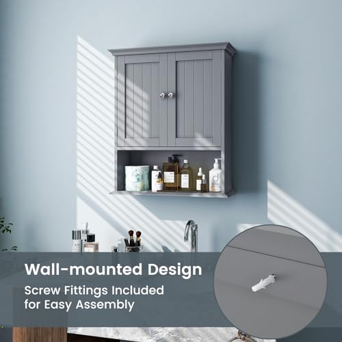 Bathroom Wall Cabinet, Over the Toilet Storage Cabinet with 2 Doors, 3 Heights Adjustable Shelf & Open Shelf, Wooden Hanging Medicine Cabinet for Bathroom, Kitchen, Living & Laundry Room, Gray - color: Grey