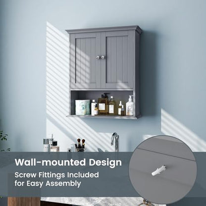 Bathroom Wall Cabinet, Over the Toilet Storage Cabinet with 2 Doors, 3 Heights Adjustable Shelf & Open Shelf, Wooden Hanging Medicine Cabinet for Bathroom, Kitchen, Living & Laundry Room, Gray - color: Grey