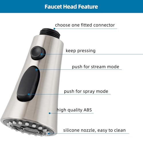 Universal Kitchen Faucet Head, 3 Modes, 15 Adapters Kit, Brushed Nickel | NSF/ANSI/CAN 372 Certified, Compatible with Kohler/Moen/Delta, 3 Function Pull Down Sink Faucet Spray Head Replacement, G1/2 - color: Brushed Nickel
