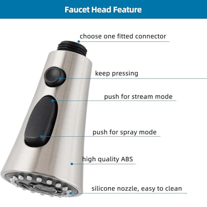 Universal Kitchen Faucet Head, 3 Modes, 15 Adapters Kit, Brushed Nickel | NSF/ANSI/CAN 372 Certified, Compatible with Kohler/Moen/Delta, 3 Function Pull Down Sink Faucet Spray Head Replacement, G1/2 - color: Brushed Nickel