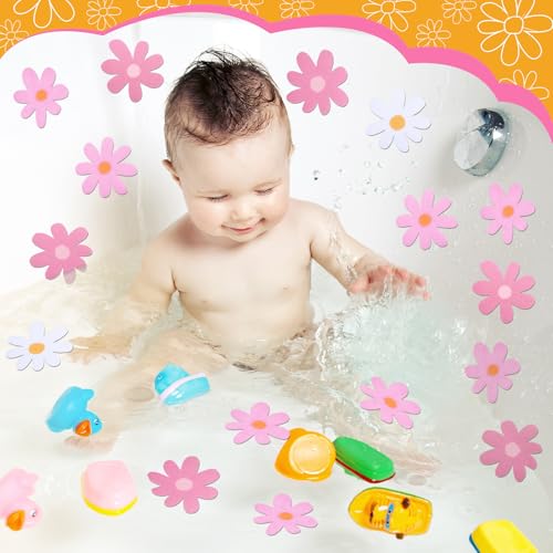 24 Pcs Non Slip Bathtub Stickers, Flower, Pink | Anti Slip Grip for Shower Floor, Self Adhesive Treads with Scraper Tool, Daisy Appliques Decals for Bathroom Safety - color: Pink, style: Flower