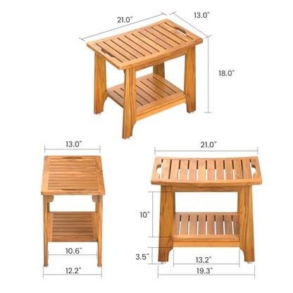 NNN 21" Standard Teak Shower Bench with Japan-Made Non-Slip Leveling Feet | US Patented Design, Marine-Grade Hardware, Pre-Oiled European Teak Oil, Ready, 300lb, for Showers Spa Sauna & Outdoor Pools - size: 21"W x 13" Dx 18"H