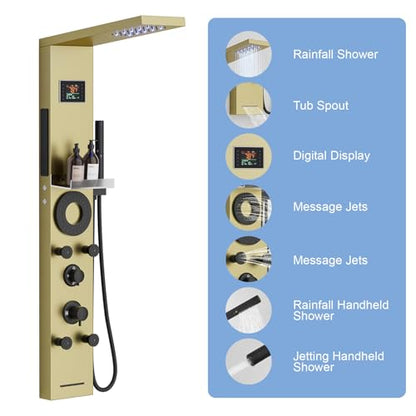 RUMOSE Brushed Gold Shower Panel Tower System, 5-Mode Shower Faucet Set | LED Light Rainfall Shower Head Digital Display with Massage Jets Tub Spout Shower Shelves, Stainless Steel, Wall Mount - color: Brushed Gold