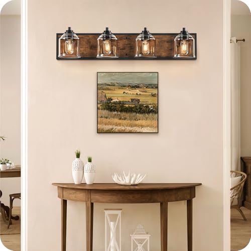 4-Light Bathroom Fixture, 31.5" Large Farmhouse Vanity Light, E26 Base (Bulbs Not Included), Thickened Glass Shade, for Bathroom, Bedroom, Vanity, Hallway, Rustic Brown and Black F18BD05 - size: 4-Light