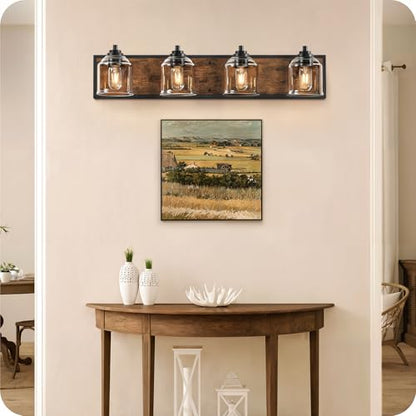 4-Light Bathroom Fixture, 31.5" Large Farmhouse Vanity Light, E26 Base (Bulbs Not Included), Thickened Glass Shade, for Bathroom, Bedroom, Vanity, Hallway, Rustic Brown and Black F18BD05 - size: 4-Light