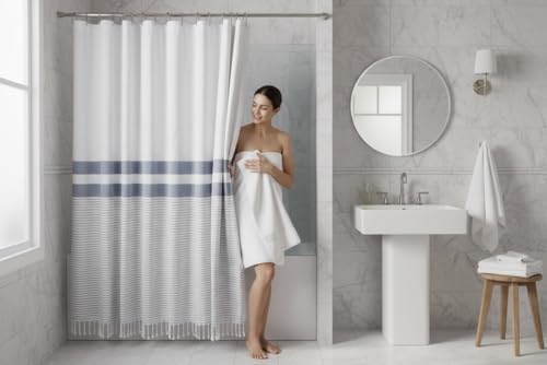 Striped Cotton Blend Shower Curtain with Fringe, Luxury Jacquard Fabric, Machine Washable, 72x72 Inch, Seabreeze - color: Seabreeze