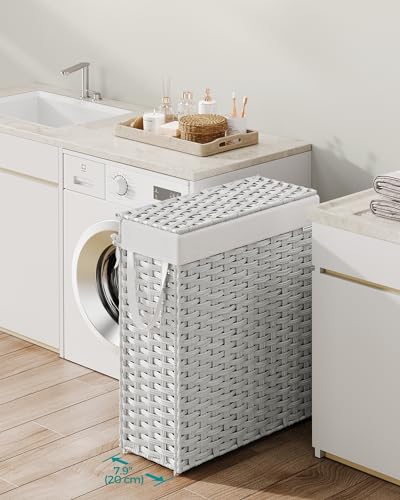 SONGMICS Slim Laundry Hamper with Lid, 14.5 Gallon (55L) Rattan Clothes Laundry Basket with Lid and Handles, Foldable, Removable Liner, Cloud White ULCB164W01 - color: Cloud White, size: 55 L