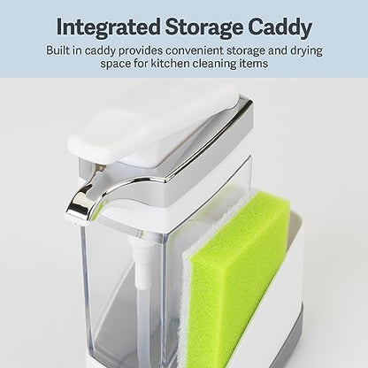 Casabella Sink Sider Solo Soap Pump and Sponge Caddy for Kitchen Sinks, Kitchen Sink Organizer Sponge Caddy and Soap Pump Combo, White - color: White