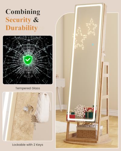 Standing Jewelry Cabinet Mirror with Adjustable LED Light Wood | 63" Lockable Jewelry Armoire Organizer with 4 Rear Shelves & Hooks, 360° Swivel, for Bedroom, Living Room, Women Girls Gift - color: Wood 1