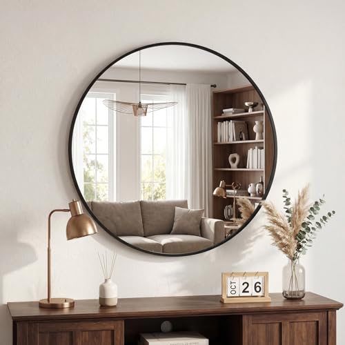 DUMOS 20 Inch Round Wall Mirror, Bathroom Mirrors for Over Sink | Matte Metal Framed Circle Mirror, Wall Decor for Bedroom, Entryway, Anti-Rust, Tempered Glass, Hanging or Leaning, Black - color: Black-basic, size: 20"L x 20"W