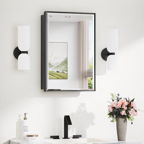 TokeShimi 20 x 26 Recessed Medicine Cabinet with Mirror Wall Mounted, Aluminum Alloy Black Medicine Cabinet Mirrored, Metal Beveled Mirror with Storage for Bathroom Vanity - color: Black, size: 20x26 IN