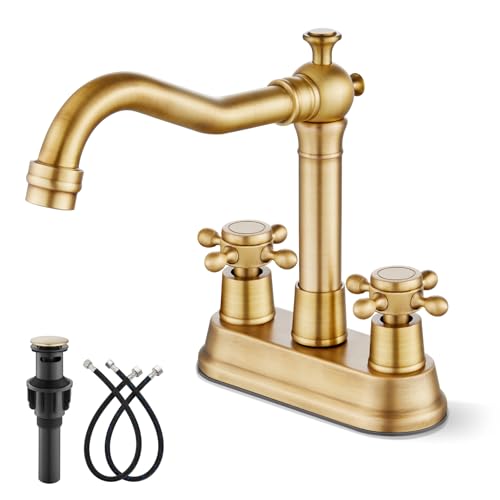 Gotonovo Antique Brass 2 Hole 4 Centerset Bathroom Sink Faucet with Double Cross Handles Deck Mounted Brass Vanity Mixer Tap Utility Include Water Hose, Suitable for 6-12 inch Hole - color: Antique Brass
