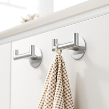 2 Pack Brushed Nickel Bathroom Hooks for Towels, Robes, Coats, Shower Use | Self-Adhesive, Stainless Steel, Rust Resistant, Double hooks, Easy Install, Space Saving - color: Silver