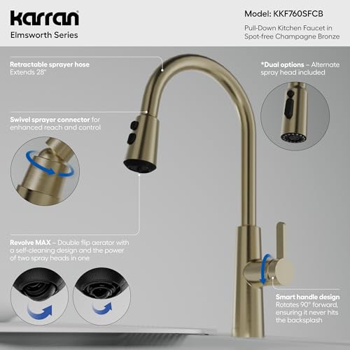 Karran Elmsworth Commercial Style Pull-Down Kitchen Faucet with Dual Interchangeable Spray Heads 5-Function Revolve MAX & 3-Function Revolve Mini Aerator High-Arc Spout (Spot Free Champagne Bronze) - color: Spot Free Champagne Bronze