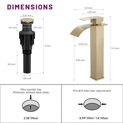 Vessel Sink Faucet Brushed Gold Waterfall Bathroom Faucet with Pop Up Drain | Stainless Steel,Single Handle One Hole Deck Mount,Bowl Vanity Sink Faucet,with 3/8" Supply Hose,Lead-Free by Bathfinesse - color: Brushed Gold