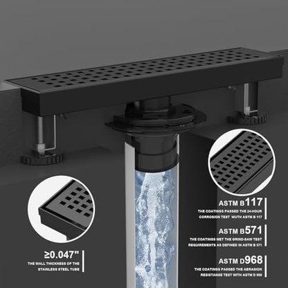12 Inch Linear Shower Drain - Matte Black, with Removable Grate | AISI 304 Stainless Steel Shower Drain, Long Rectangle Shower Floor Drain with Adjustable Feet, Fits Bathroom & Balcony etc - color: Matte Black, size: 12 in