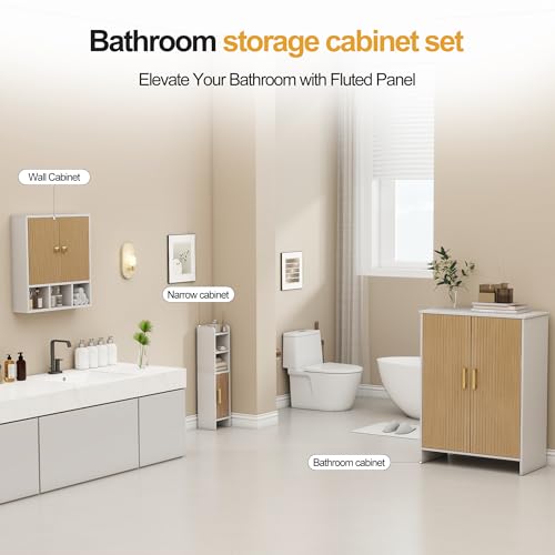 Bathroom Wall Cabinet,Wooden Medicine Cabinet with Fluted Doors Over The Toilet Storage Cabinet with Adjustable Shelf for Bathroom,White - color: White-wood Block