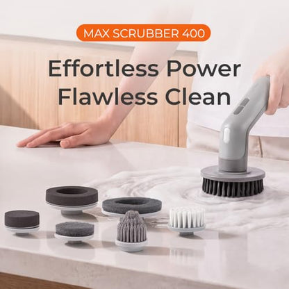 IPX8 Waterproof Electric Spin Scrubber with Built-in Light, Cordless Dual-Turbo Rotation Cleaning Brush, 2 Speeds & 7 Brush Heads Power Scrubber for Bathroom, Tile, Corners, Grout, Crevices