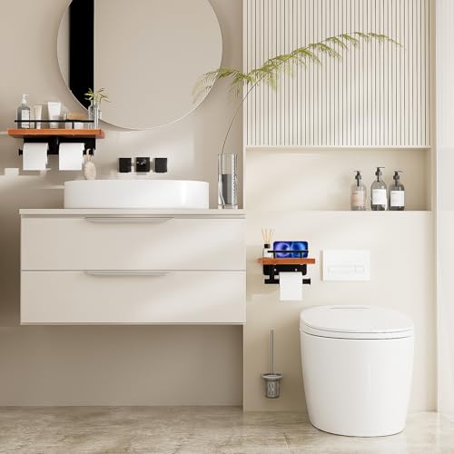 Toilet Paper Holder with Wood Shelf, Wall Mount Toilet Paper Roll Holder with Wooden Shelf and Matte Black Stainless Steel Pipe, Tissue Roll Holder for Bathroom Washroom (Light Brown, 7.9'' x 5.9'') - color: Light Brown, size: 7.9'' x 5.9''