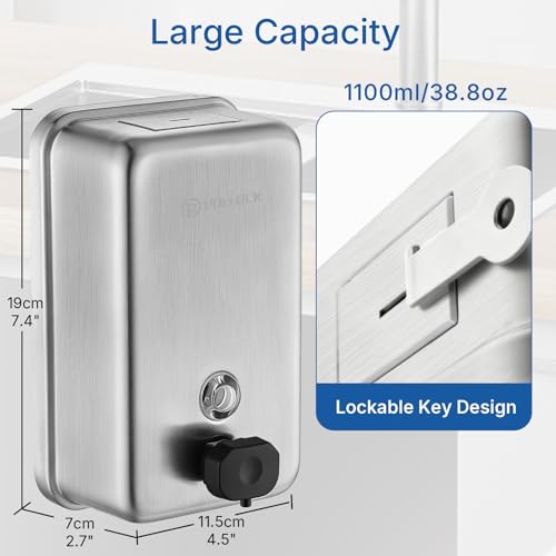 Pollock Commercial Soap Dispenser Wall Mounted 37oz,SUS304 Stainless Steel | Hand Soap Dsipenser Rust-Proof Leak Free 1100ML,Manual Liquid Pump Soap Dispenser for Bathroom Kitchen Office - color: Blk-1618-1100