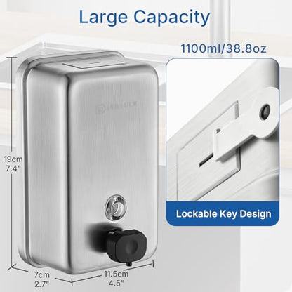 Pollock Commercial Soap Dispenser Wall Mounted 37oz,SUS304 Stainless Steel | Hand Soap Dsipenser Rust-Proof Leak Free 1100ML,Manual Liquid Pump Soap Dispenser for Bathroom Kitchen Office - color: Blk-1618-1100
