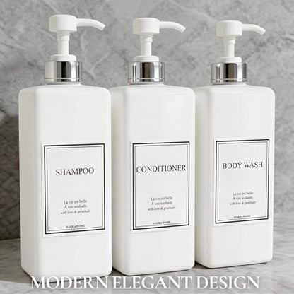 Modern Gold Design Pump Bottle Set 27 oz Refillable Shampoo and Conditioner Dispenser Empty Shower Plastic Bottles with Pump for Bathroom Lotion Body wash, Pack of 3 (White & Silver) - color: White & Silver