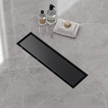 Neodrain 12" Matte Black Linear Shower Drain,2-in-1 Flat& Tile Insert Cover | 304 Stainless Steel,Fast Drainage, Durable,Rectangle Shower Floor Drain with Adjustable Feet,Hair Strainer,Fits Bathrooms - color: Matte Black, size: 12 In