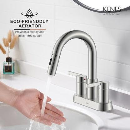 Brushed Nickel Pull Down Bathroom Faucet, 4 Inch 2 Handle Centerset | Pull Out Bathroom Faucet with Pop Up Drain & Supply Lines, Lead-Free cUPC & NSF Certified, 3 Hole Faucet for Vanity RV Bar - color: Brushed Nickel