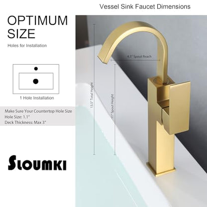 Brushed Gold Vessel Sink Faucet, Single Handle Tall Bathroom Faucet,Waterfall Bathroom Faucet Single Hole Lavatory Vanity Tap Single Hole Bar Sink Faucet with Pop Up Drain and Supply Lines,SL50044BG - color: Brushed Gold, size: Tall