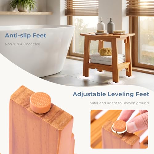 DUMOS 14" Woodern Shower Bench for Inside Shower, Waterproof Bathroom Bench | Shower Chair for Shaving Legs and Spa, Non-Slip Solid Wood Shower Stool with Handles for Senior Adult Disabled Elderly, Brown - size: 13.98"W