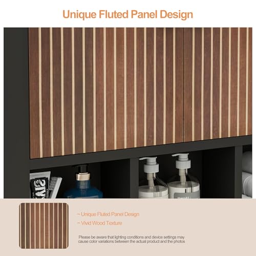 Bathroom Wall Cabinet,Wooden Medicine Cabinet with Fluted Doors Over The Toilet Storage Cabinet with Adjustable Shelf for Bathroom (Black) - color: Black-wood Block