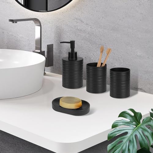 Plastic Bathroom Accessories Set,Black Bathroom Accessory Set Includes Liquid Soap Dispenser with Rust-Proof Plastic Pump,Bathroom Cup,Soap Dish for Modern Home Apartment - color: Black