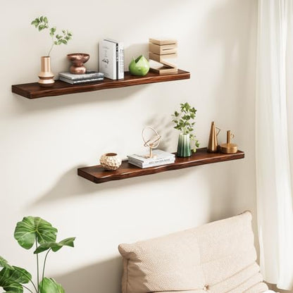 Solid Wood Live Edge Floating Shelves Set of 2 – 36" Rustic Wall Shelf with Hidden Bracket System, Wall Mounted Shelves for Bathroom, Kitchen, Living Room, Bedroom (Walnut) - color: Walnut, size: 36inch