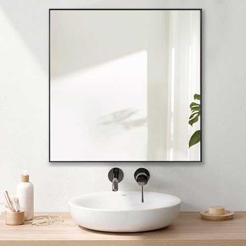 LEDLUX 24x24 Inch Black Bathroom Mirror, Copper-Free Mirror, Aluminum Alloy Frame Vanity, Rectangle Wall Mounted Modern Mirror for Bedroom/Living Room/Porch Horizontal or Vertical - color: Black, size: 24"L x 24"W