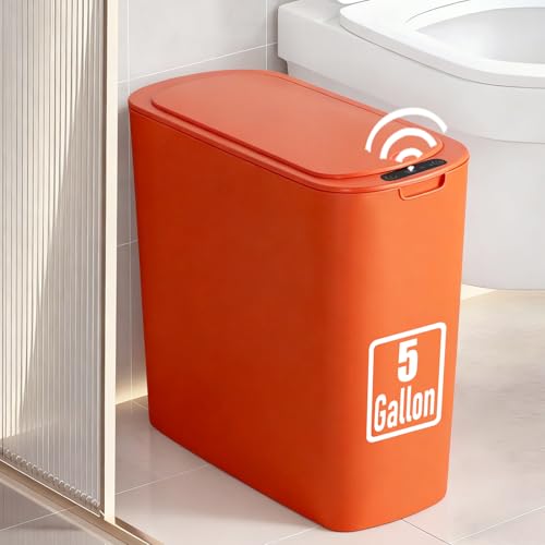 TIPGO 5 Gallon Motion Sensor Bathroom Trash Can with Lid, Automatic Garbage Can Touchless, Smart Plastic Waste Basket for Narrow Spaces, Bathroom, Office, Bedroom, Living Room (Orange) - color: Orange
