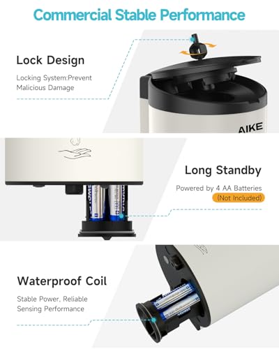 AIKE Automatic Foaming Soap Dispenser 25oz for Bathroom,Mattewhite AK1205FA | Rich Foam and Stainless Steel,No-drill and Screw Wall Mount,5-Level Adjustable and Key for Commercial(Batteries Not Included) - color: Matte White Stainless Steel
