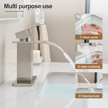 Waterfall Bathroom Faucet, Single Handle Brushed Nickel Sink Faucet 1 Hole or 3 Hole for Lavatory, Washbasin, Vanity, Commercial, with Deck, Pop-up Drain and Supply Hoses - color: Brushed Nickel